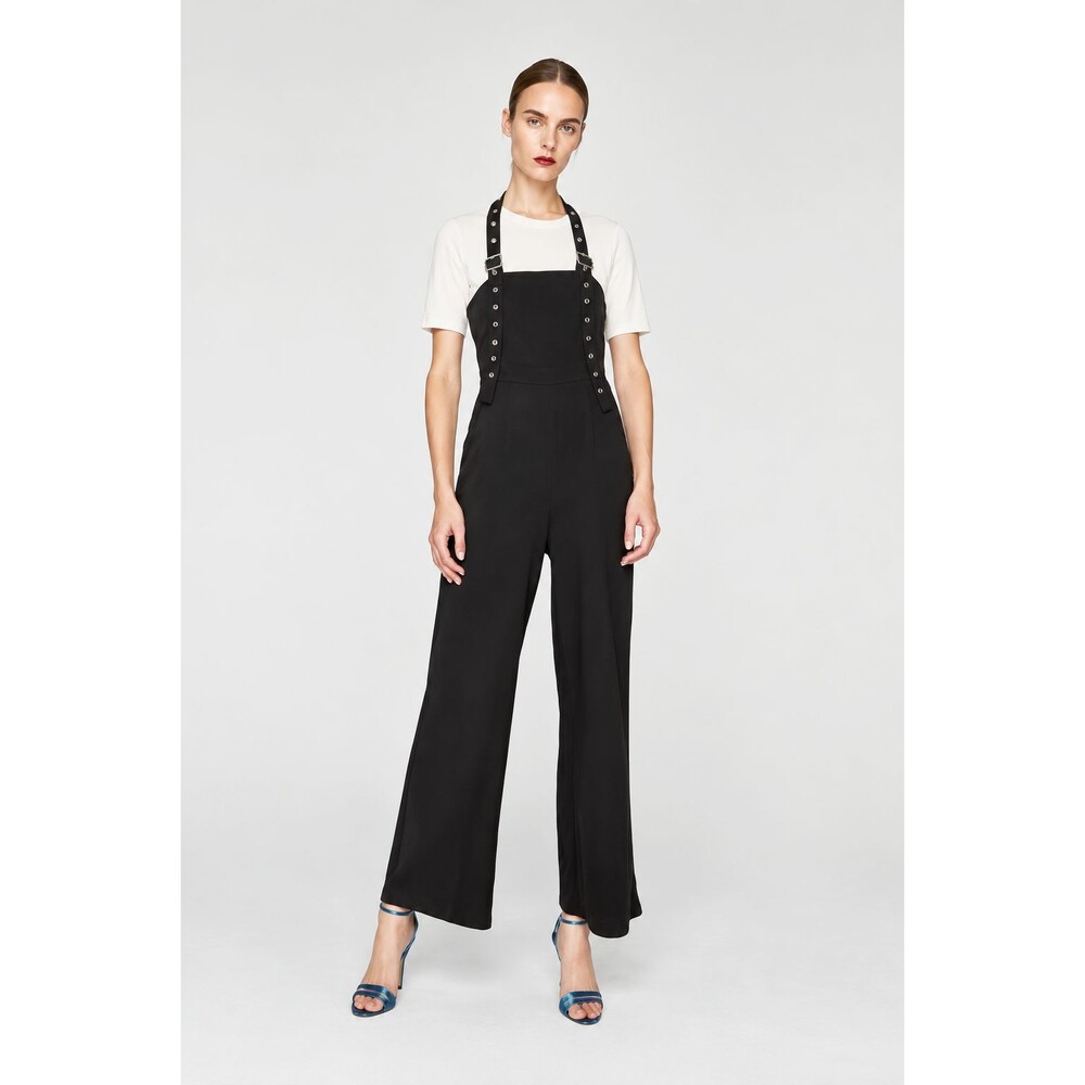 Zara Jumpsuit Womens S Black Wide Leg Buckle Halter Grommet Overalls Rock Goth